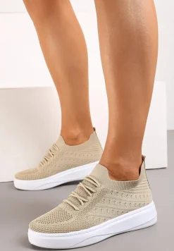 Beżowe Buty Sportowe z Cholewką w Skarpetkowym Stylu Timotta