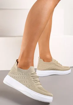 Beżowe Buty Sportowe z Cholewką w Skarpetkowym Stylu Timotta