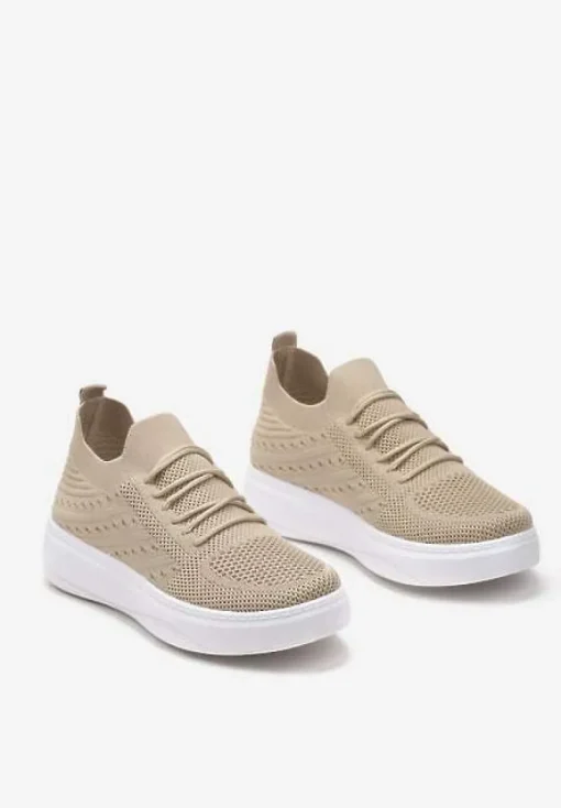 Beżowe Buty Sportowe z Cholewką w Skarpetkowym Stylu Timotta