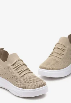 Beżowe Buty Sportowe z Cholewką w Skarpetkowym Stylu Timotta
