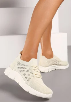 Beżowe Buty Sportowe z Elastyczną Wsuwaną Cholewką i Wkładką ze Skóry Naturalnej Rantia