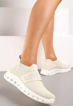 Beżowe Buty Sportowe z Napisem LOVE i Elastyczną Cholewką Alaissa