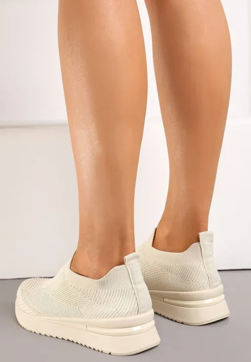 Beżowe Buty Sportowe z Wsuwaną Skarpetkową Cholewką do Kostki Elairi