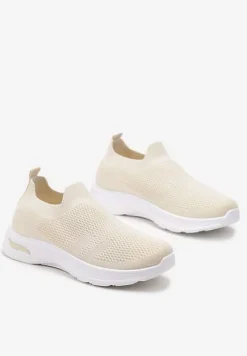 Beżowe Buty Sportowe ze Skarpetkową Cholewką do Kostki Railette