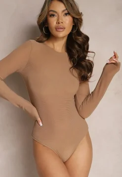 Beżowe Casualowe Body Dzianinowe z Długimi Rękawami Pavine
