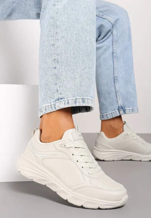 Beżowe Casualowe Buty Sportowe Sneakersy na Płaskiej Tłoczonej Podeszwie Velanitta