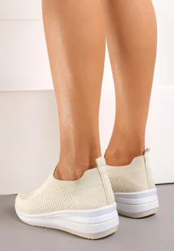 Beżowe Casualowe Buty Sportowe na Płaskiej Podeszwie bez Zapięcia Adalora