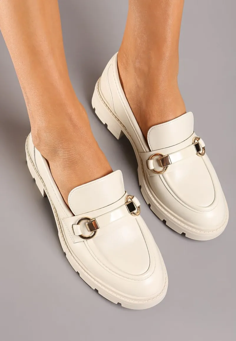 Beżowe Casualowe Mokasyny na Płaskiej Podeszwie ze Sprzączkami Herdefia