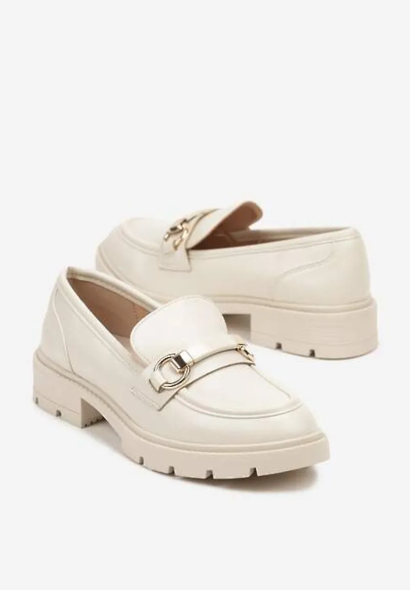 Beżowe Casualowe Mokasyny na Płaskiej Podeszwie ze Sprzączkami Herdefia