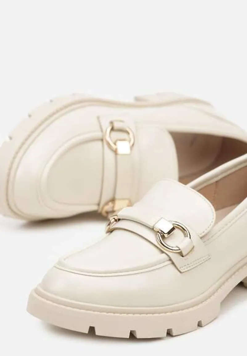 Beżowe Casualowe Mokasyny na Płaskiej Podeszwie ze Sprzączkami Herdefia