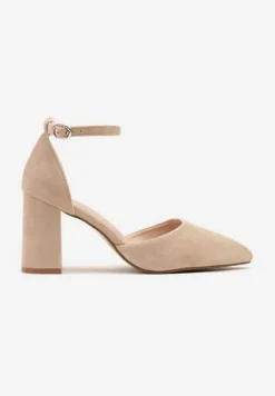 Beżowe Czółenka na Obcasie ze Skórzaną Wkładką i Paskiem Wokół Kostki Veliona