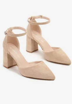 Beżowe Czółenka na Obcasie ze Skórzaną Wkładką i Paskiem Wokół Kostki Veliona