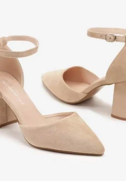Beżowe Czółenka na Obcasie ze Skórzaną Wkładką i Paskiem Wokół Kostki Veliona