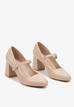 Beżowe Czółenka na Słupkowym Obcasie z Paskiem Zapinanym na Sprzączkę Leranea