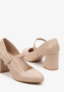 Beżowe Czółenka na Słupkowym Obcasie z Paskiem Zapinanym na Sprzączkę Leranea