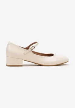 Beżowe Czółenka na Słupku Mary Jane Ozdobione Paskami Omevira