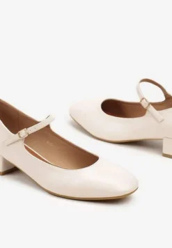 Beżowe Czółenka na Słupku Mary Jane Ozdobione Paskami Omevira