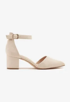 Beżowe Czółenka na Słupku Vices ze Skórzaną Wkładką i Paskiem przy Kostce Nurilora