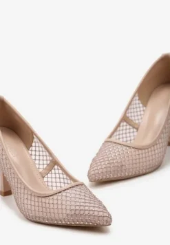 Beżowe Czółenka na Szpilce z Błyszczącymi Cyrkoniami na Siateczce Arikea