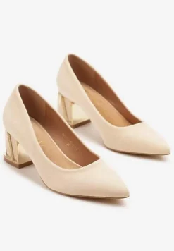 Beżowe Czółenka Vices na Słupku z Metalicznym Detalem i Wkładką ze Skóry Arvisin