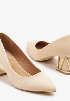 Beżowe Czółenka Vices na Słupku z Metalicznym Detalem i Wkładką ze Skóry Arvisin