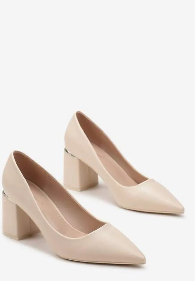 Beżowe Czółenka z Ekoskóry na Geometrycznym Słupku Nerolia