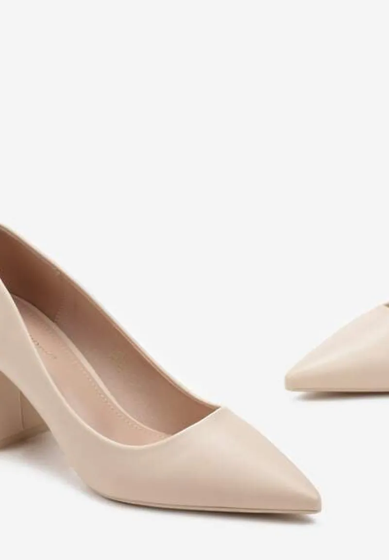 Beżowe Czółenka z Ekoskóry na Geometrycznym Słupku Nerolia