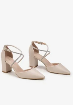 Beżowe Czółenka z Paseczkami z Cyrkoniami na Niewysokim Słupku Rianlle