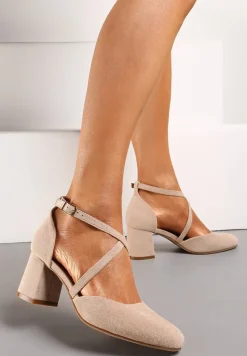 Beżowe Czółenka ze Skórzaną Wkładką na Słupku ze Sprzączką i Paseczkami Shaedra