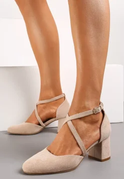 Beżowe Czółenka ze Skórzaną Wkładką na Słupku ze Sprzączką i Paseczkami Shaedra