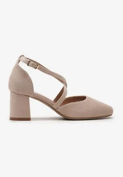Beżowe Czółenka ze Skórzaną Wkładką na Słupku ze Sprzączką i Paseczkami Shaedra