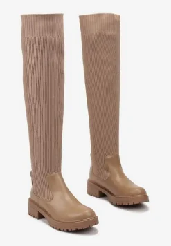Beżowe Dopasowane Kozaki ze Skarpetkową Cholewką za Kolano Calada