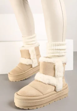 Beżowe Ekozamszowe Śniegowce na Platformie z Futrzanymi Wstawkami Mazini