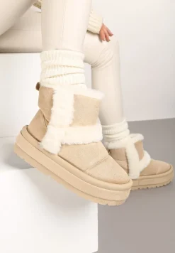 Beżowe Ekozamszowe Śniegowce na Platformie z Futrzanymi Wstawkami Mazini