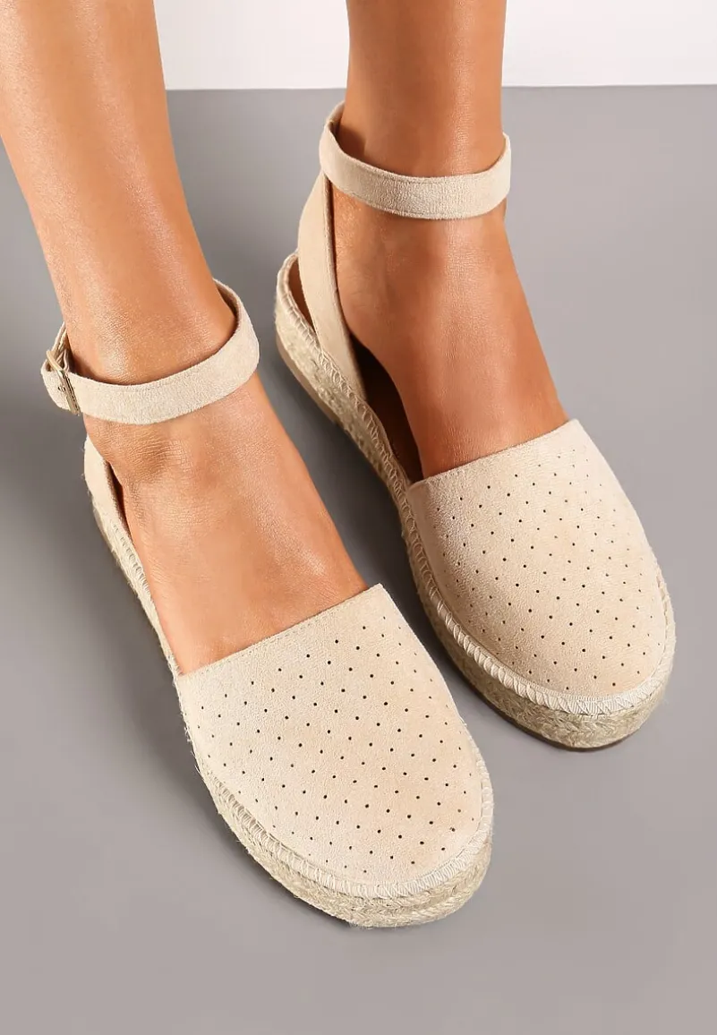 Beżowe Espadryle na Podeszwie z Plecionką Zapinane Przy Kostce Griolla
