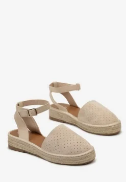 Beżowe Espadryle na Podeszwie z Plecionką Zapinane Przy Kostce Griolla