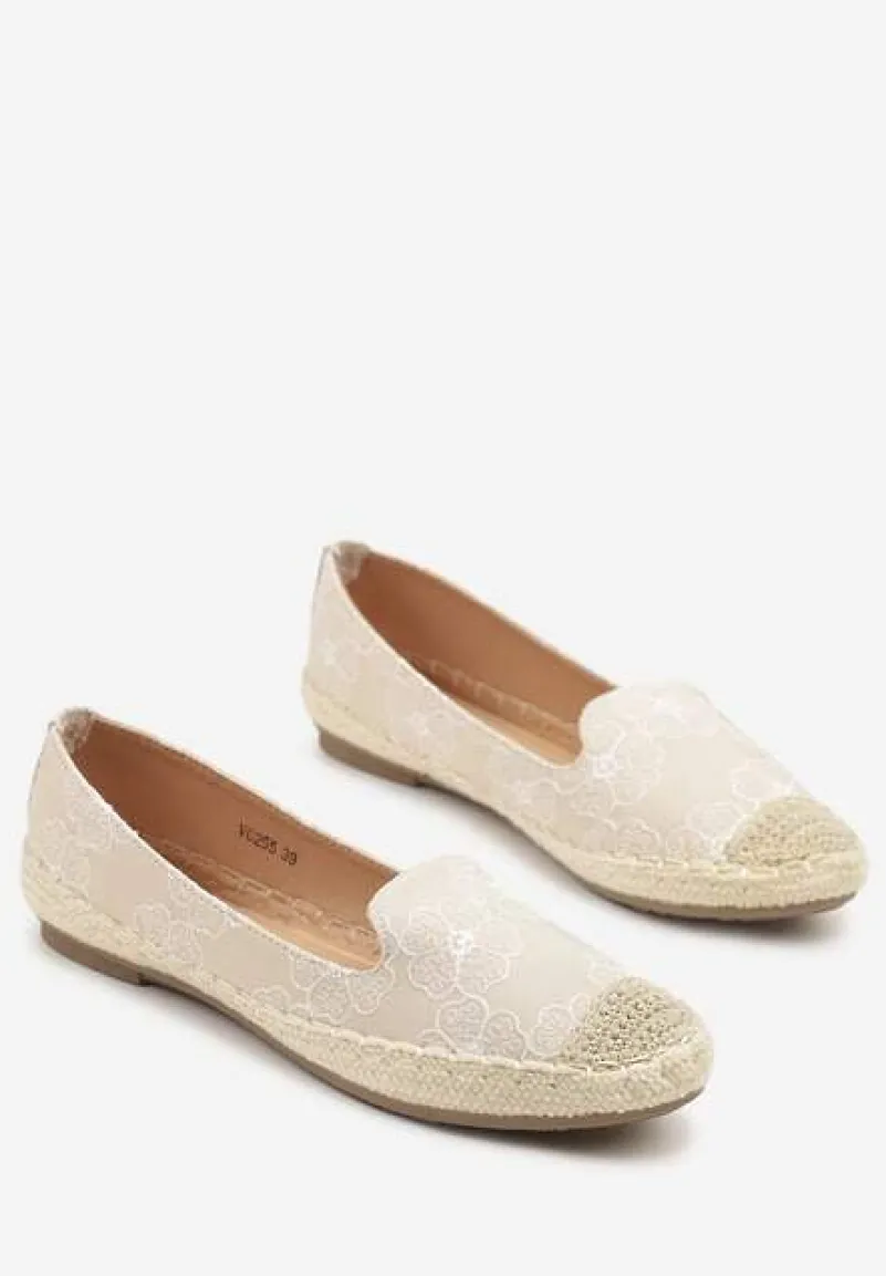 Beżowe Espadryle Ozdobione Plecionką i Motywem Kwiatów Ralanne