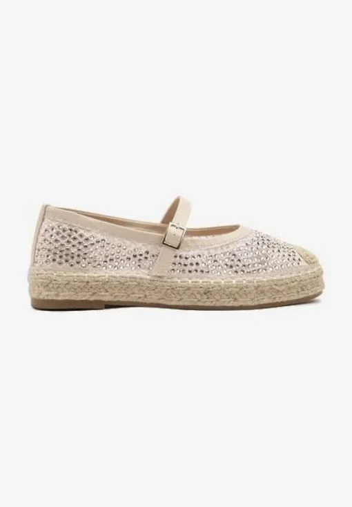 Beżowe Espadryle Ozdobione Plecionką i Ażurową Cholewką Rinelona