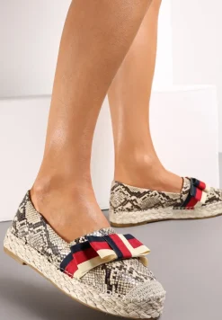 Beżowe Espadryle z Imitacji Skóry Węża na Plecionej Podeszwie z Ozdobną Taśmą Realyn