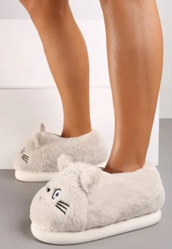 Beżowe Futrzane Kapcie Imitujące Buźkę Kota Taichelle