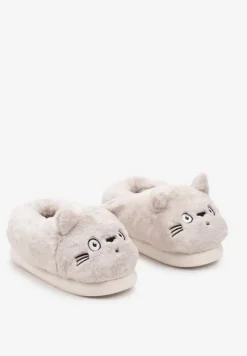 Beżowe Futrzane Kapcie Imitujące Buźkę Kota Taichelle