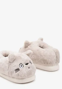 Beżowe Futrzane Kapcie Imitujące Buźkę Kota Taichelle
