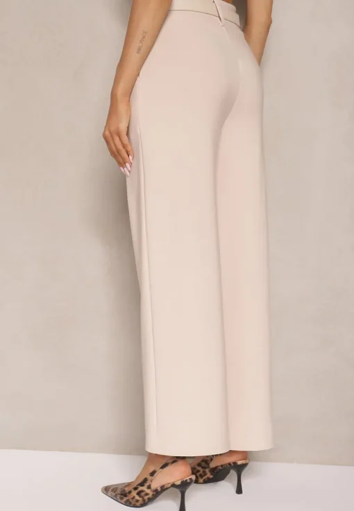 Beżowe Garniturowe Spodnie High Waist z Gumką i Dodatkowym Paskiem w Talii Mattine