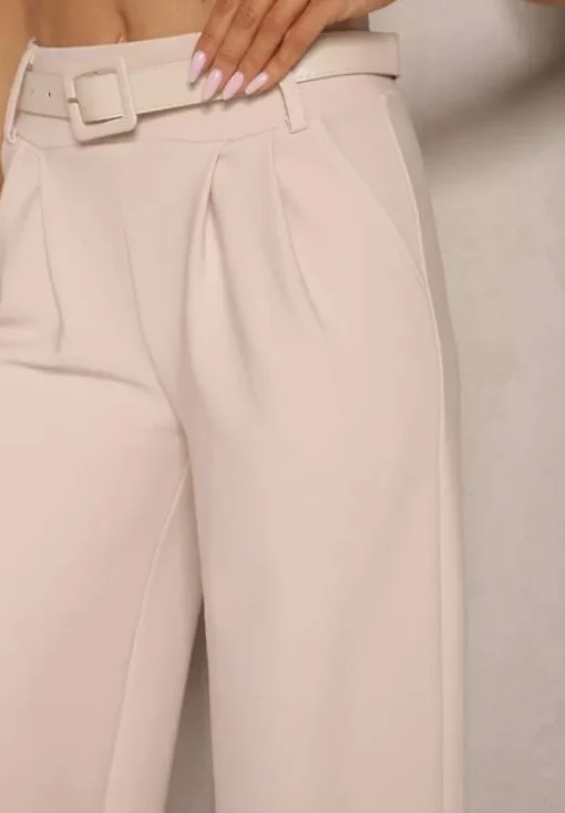 Beżowe Garniturowe Spodnie High Waist z Gumką i Dodatkowym Paskiem w Talii Mattine