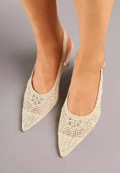 Beżowe Haftowane Sandały Vices na Szpilce Typu Slingback Atesia