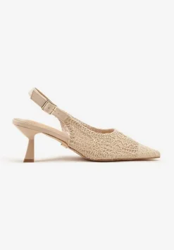 Beżowe Haftowane Sandały Vices na Szpilce Typu Slingback Atesia