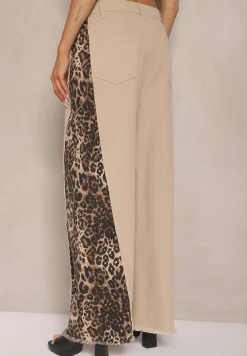 Beżowe Jeansy z Bawełny High Waist ze Wzorem Panterki Velliane