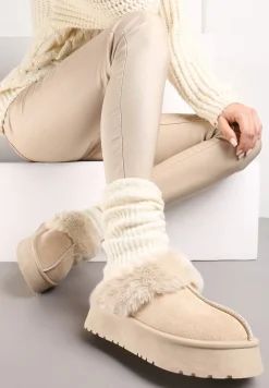 Beżowe Kapcie na Platformie z Ekozamszu z Futerkiem Livorn