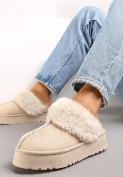 Beżowe Kapcie na Platformie z Ekozamszu z Futerkiem Livorn
