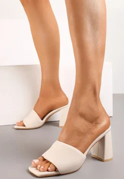 Beżowe Klapki na Geometrycznym Słupku z Szerokim Paskiem Willara